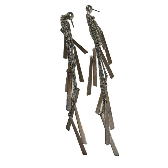 Silver Ball w/ 6" Long Chain & Fringe Silver Metal Dangly Earrings Back Missing - Picture 2 of 2